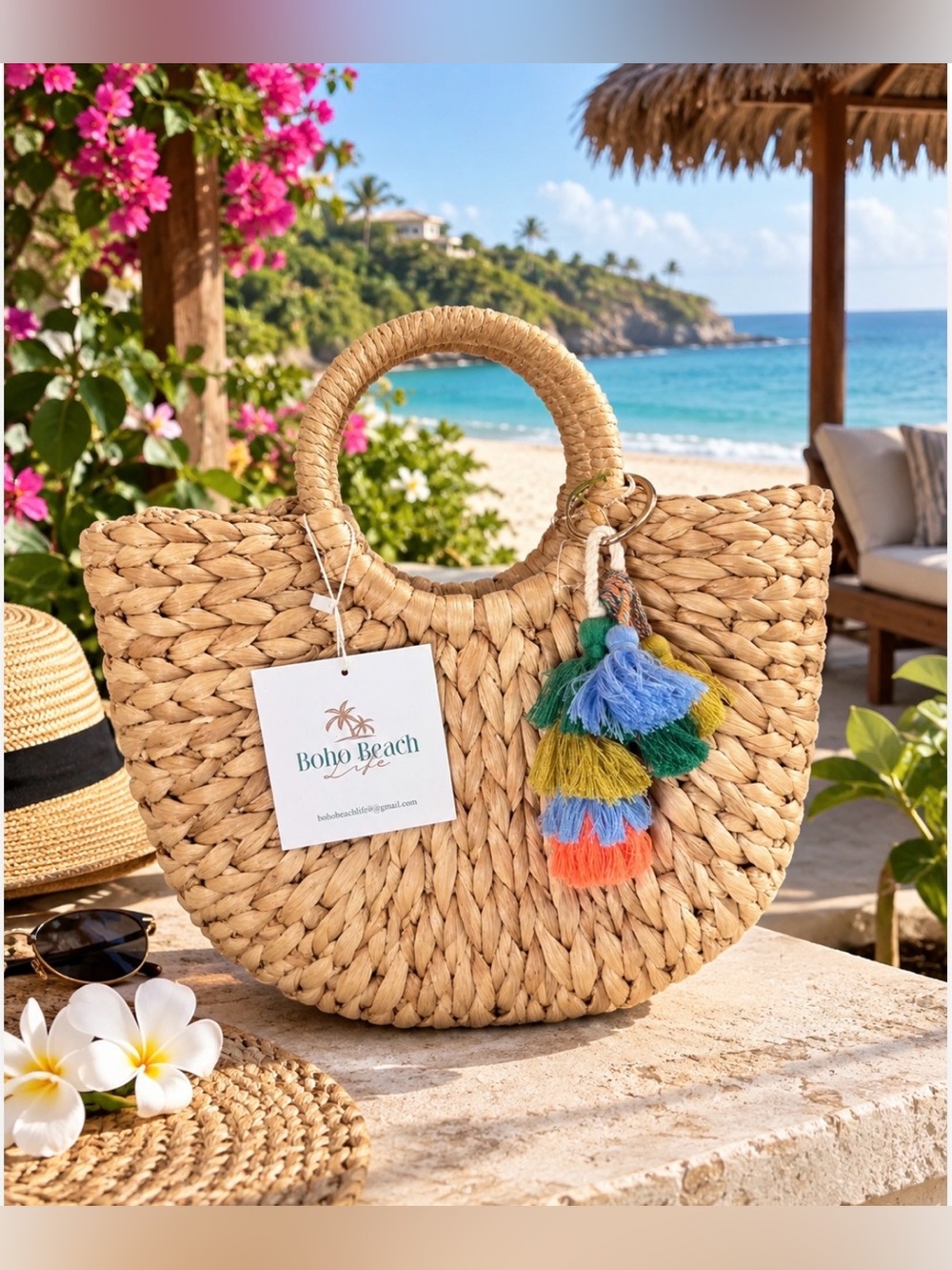 Boho Beach Natural Straw Tote with Colorful Tassel